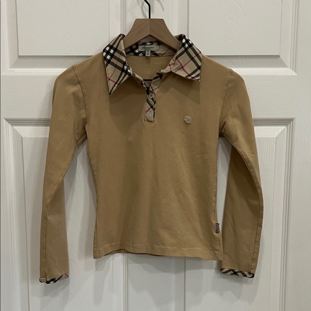 Burberry London Kids Flax Beige Long Sleeve Shirt w/ Nova Check Trim (S)